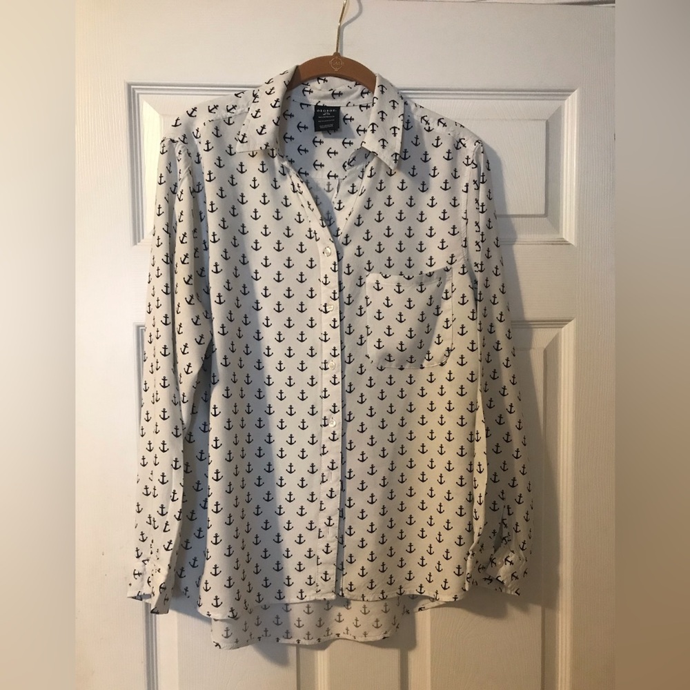 George Anchor Long Sleeve Button Down Shirt Womens Large Navy/White